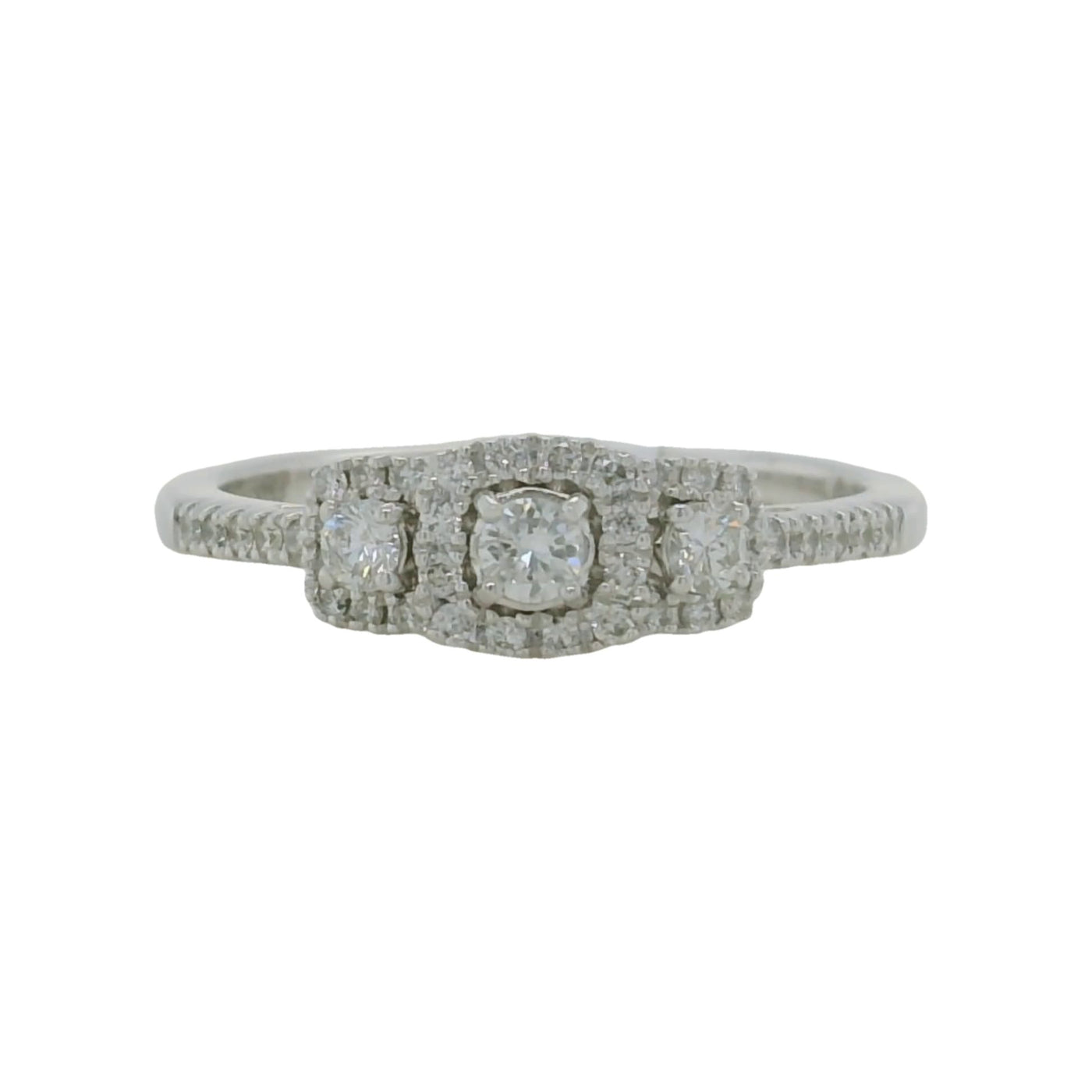 white gold round 3 stone ring with triple halo and accent diamonds