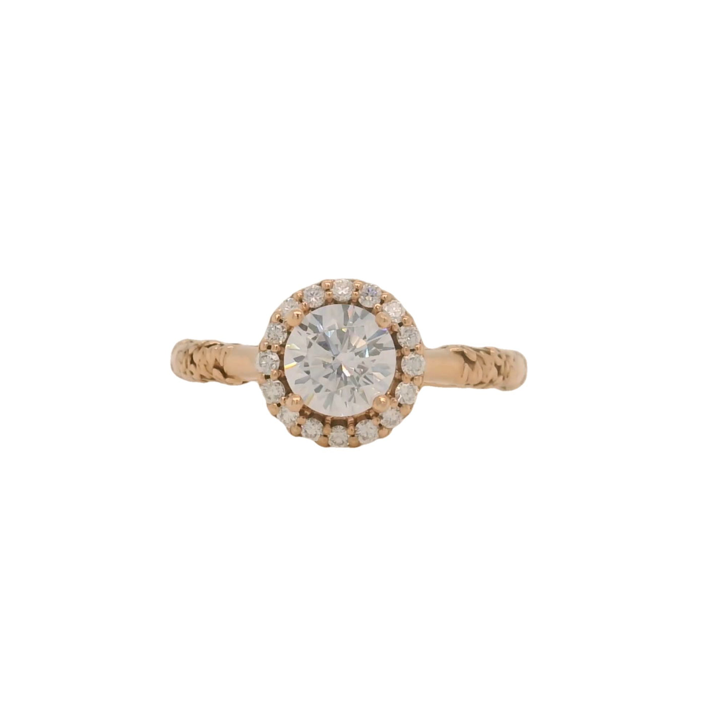 rose gold round engagement ring with halo