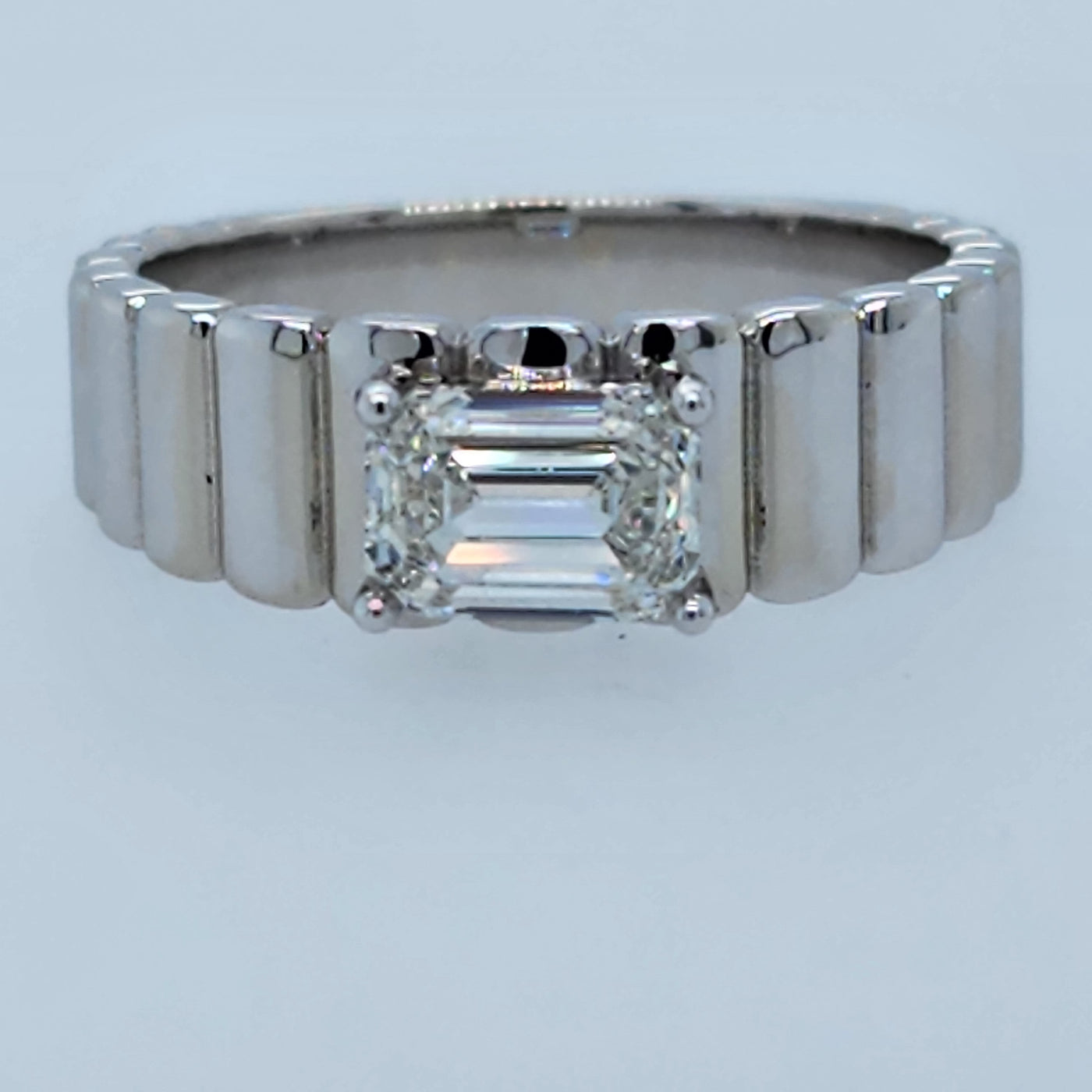 White Gold Solitaire Engagement Ring With East West Emerald Cut Diamond