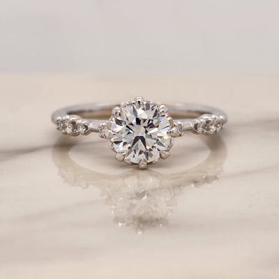White Gold Engagement Ring With Round Diamond Center and Round Accents