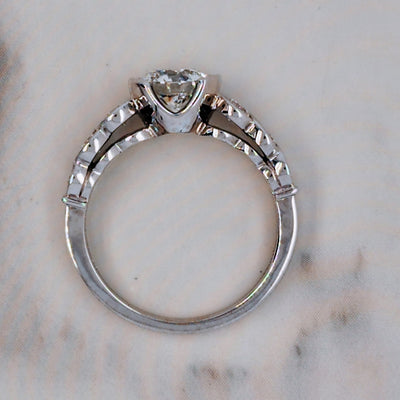 White Gold Engagement Ring With Round Half Bezel Diamond Center and Bezel Accents