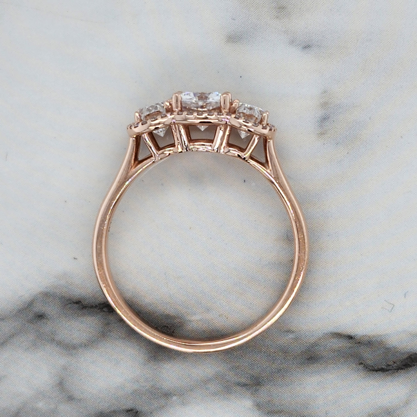 Rose Gold 3 Stone Engagement Ring With Cushion and Oval Moissanites