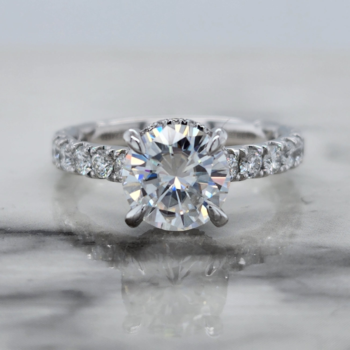 Custom White Gold Engagement Ring With Moissanite Center and Diamond Accent Stones