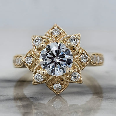 Yellow Gold Floral Engagement Ring With Milgrain Detail