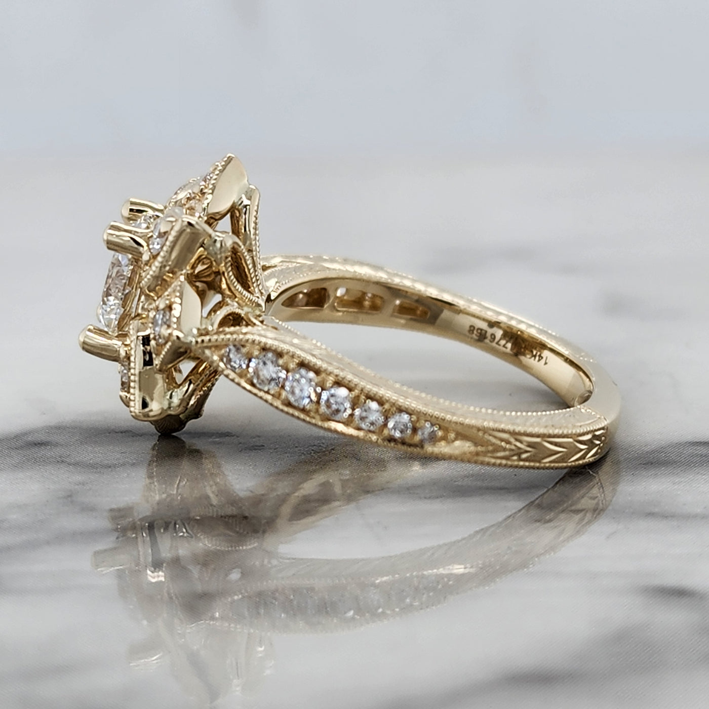 Yellow Gold Floral Engagement Ring With Milgrain Detail