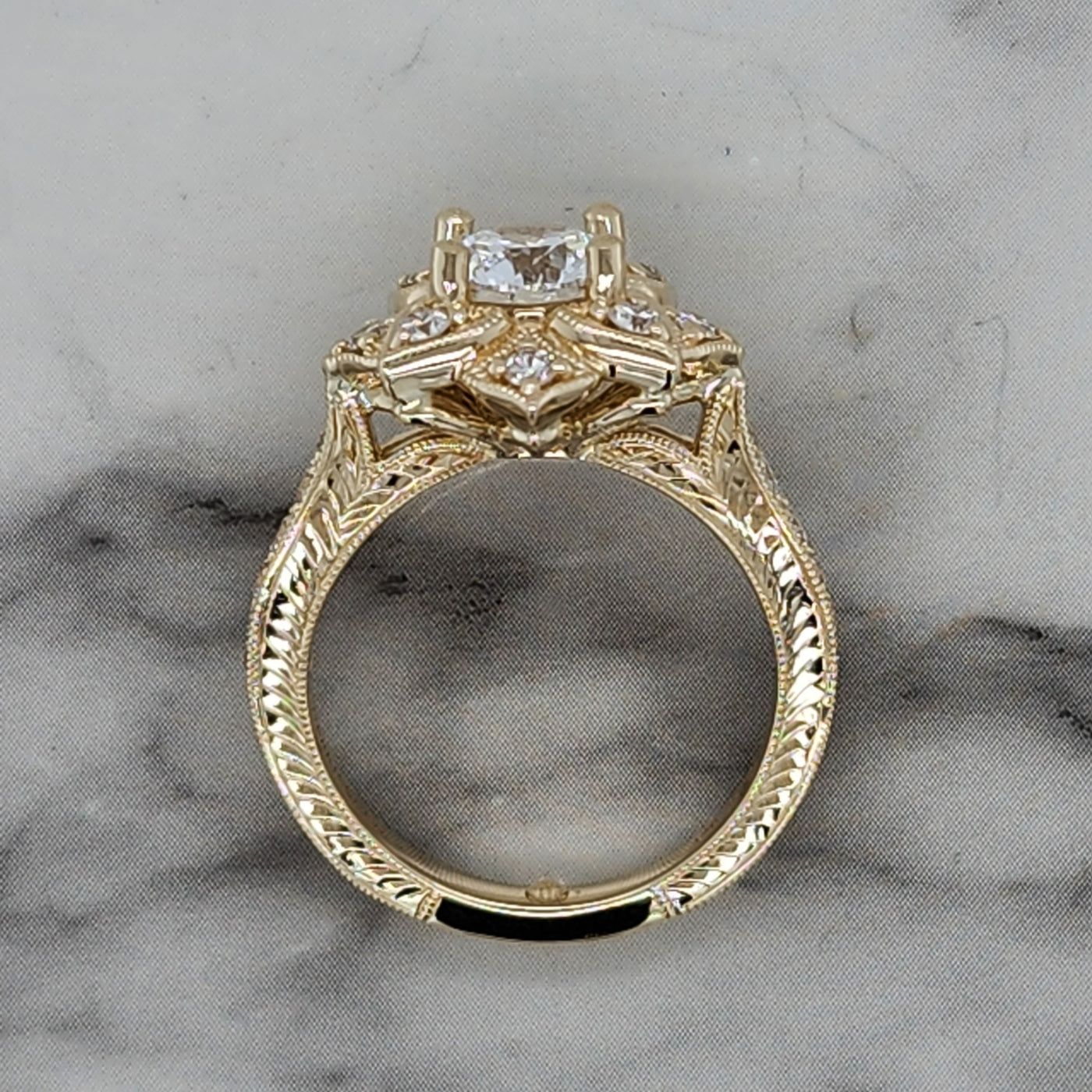 Yellow Gold Floral Engagement Ring With Milgrain Detail