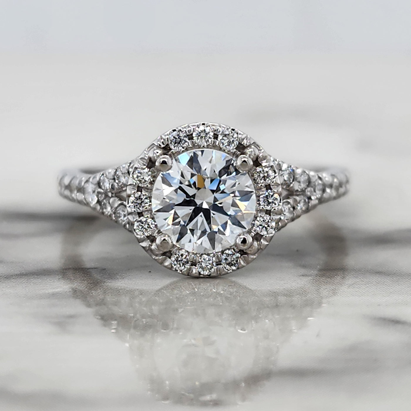 White Gold Round Center Engagement Ring With Halo and Split Shank