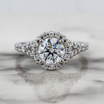 White Gold Round Center Engagement Ring With Halo and Split Shank