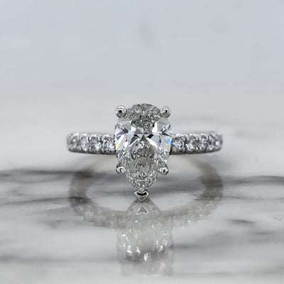 White Gold Pear Engagement Ring With Hidden Halo and Accent Diamonds